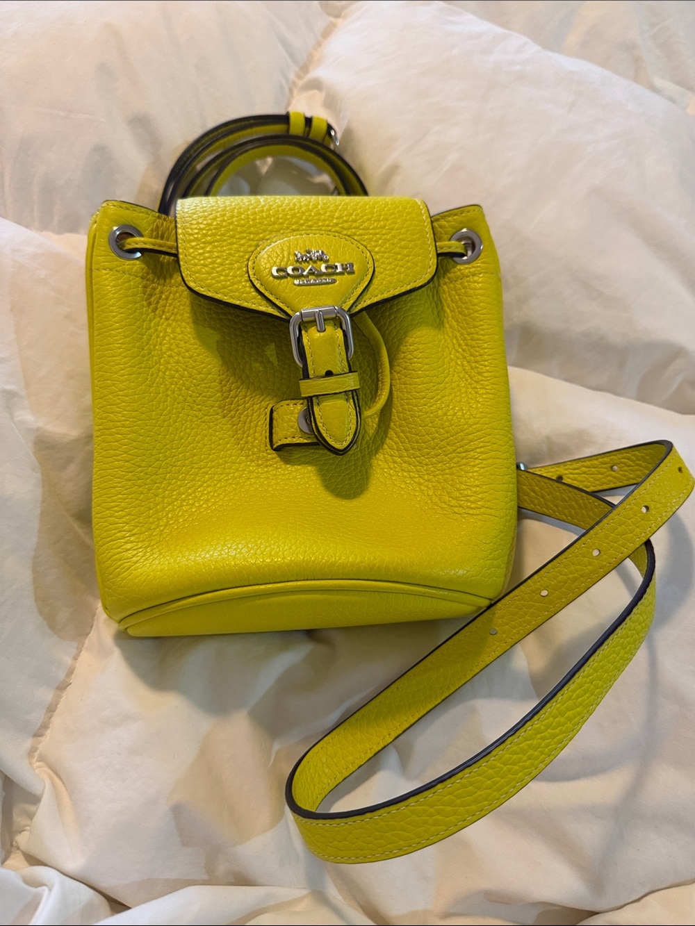Coach Neon Yellow Pebbled Leather Bucket Crossbody